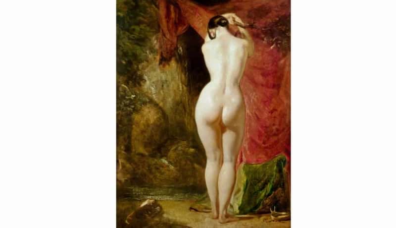 Etude de nu féminin, vu du dos.Le corps féminin est parfaitement dessiné et coloré. Comme d’habitude chez Etty, le fond ne joue pas un rôle dans la narration ni dans la mise en scène.    