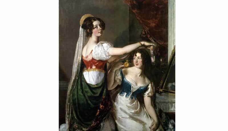 Un tableau qui rappelle l’école flamande. Dans ce tableau, Etty tente une approche différente. Deux femmes, sans nudité. Une femme regarde le spectateur dans les yeux.  Draperie et vêtements colorés rendent le tableau élégant, accompagné de détails soignés. Dans ce genre de tableau, Etty prouve sa maîtrise des lignes et des couleurs.     