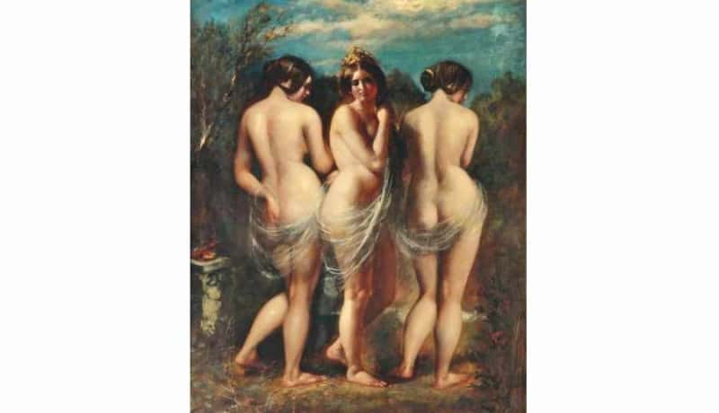 Comme Rubens, Etty réalise les trois Grâces, un sujet classique dans le nu féminin. Etty se concentre comme toujours sur le dos, ou tronc en général pour détailler ses proportions et ses muscles. Il a choisi de dessiner deux femmes du dos, et une femme de profil.  Visages peu expressifs, aucune narration.   