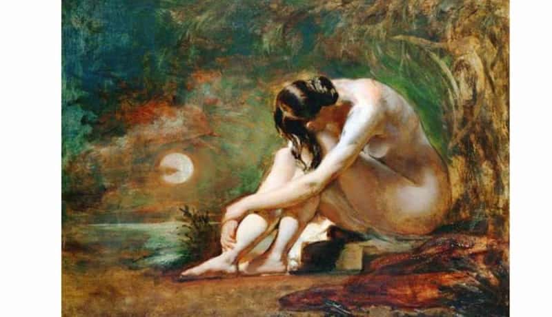 Un nu féminin dominant le centre du tableau. Le regard du personnage est tourné vers la Lune qui brille au centre du tableau. Le fond montre un cours d’eau  et un ciel coloré. Le peintre réalise un tableau sans scénario, et sans narration.