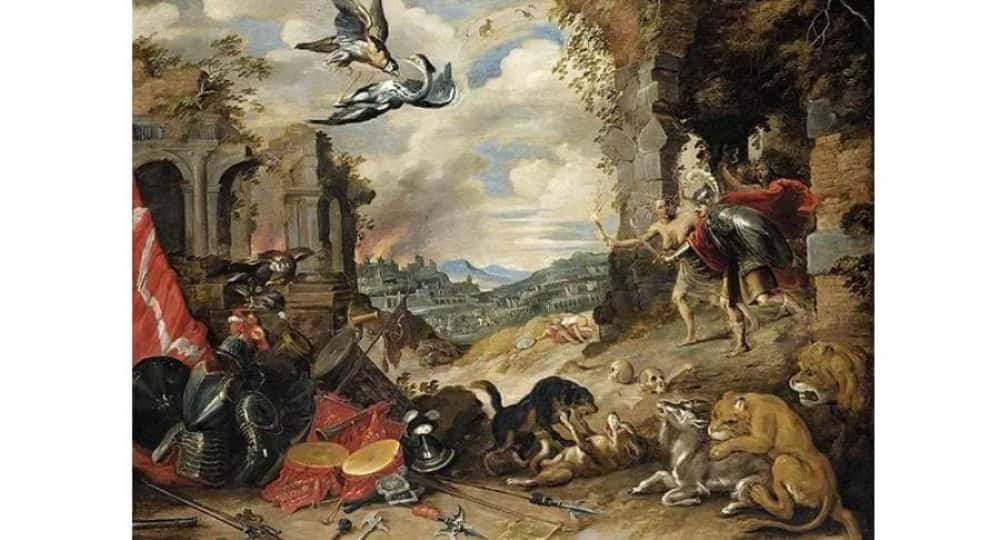 Jan Brueghel le jeune1640La guerre de trente ans en Europe a été une période où diverses batailles militaires ont ravagé les villes du continent, tuant plus de 8 millions de personnes.Jan Brueghel le Jeune a peint son œuvre connue sous le nom d'Allégorie de la guerre, vers la fin de la longue guerre et de nombreux civils européens étaient depuis longtemps fatigués de la mort et de la destruction constantes provoquées par le terrible conflit.La toile est parsemée d'armes à feu, d'épées et de crânes qui visent, à symboliser le niveau de destruction que la guerre a apporté aux peuples d'Europe à cette époque.