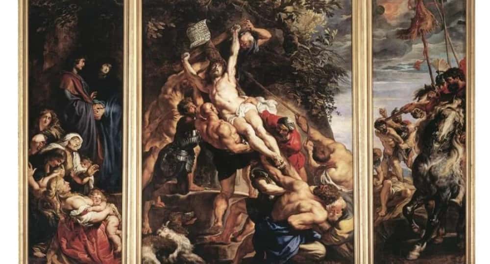 L'élévation de la croix 1610, Cathédrale Notre-Dame, Anvers, BelgiqueL'élévation de croix est un immense tableau de Peter Paul Rubens (1577-1640) que l' artiste flamand a réalisé pour décorer la cathédrale de sa ville natale d'Anvers en Belgique. Il se compose de 3 panneaux et comme son nom l'indique, le panneau central représente la crucifixion du Christ.Le tableau a été apporté en France pendant la Révolution française mais est revenu à Anvers en 1815.