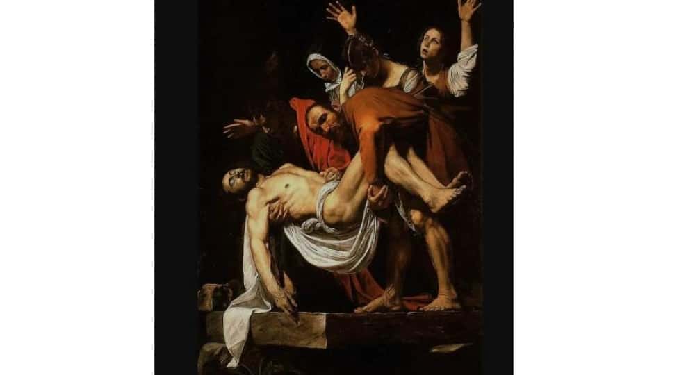 La mise au tombeau du Christ Date de création : 1603-1604, Pinacothèque Vaticane, Cité du VaticanLa mise au tombeau du Christ est un tableau du Caravage réalisé au sommet de sa carrière. Il présente la marque distinctive de l'artiste avec l'utilisation d'un contraste extrême de lumière et d'ombre pour exagérer l'effet dramatique.Une copie est accrochée dans la chapelle de cette église aujourd'hui tandis que l'original a été transféré aux Musées du Vatican.