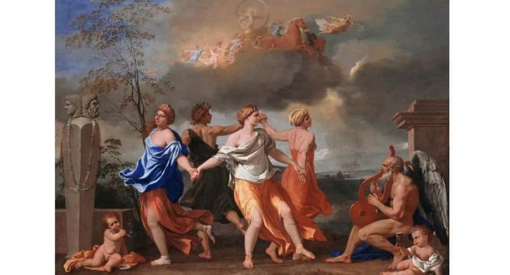 Une danse sur la musique 1634-1636, Wallace Collection , Londres, Royaume-UniC’est l'une des peintures les plus célèbres de l'œuvre de Nicolas Poussin (1594-1665), qui a passé la plupart de son temps à Rome. Il a été commandé par Giulio Rospigliosi, un homme qui est devenu le pape Clément IX en 1667.C'est une œuvre d'art sophistiquée qui sert d'allégorie de la musique et du temps. Le vieil homme à droite jouant de la lyre représente le temps et il accompagne 4 personnages qui dansent dans la partie centrale du tableau. Les figures dans le ciel sont Aurore, la déesse de l'Aube, et Apollon, le dieu de la musique et de la danse.