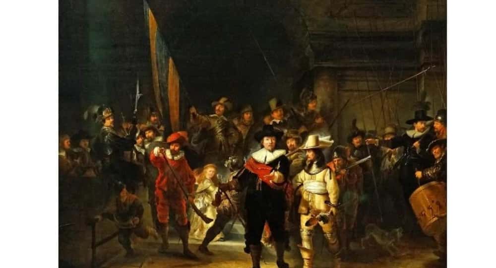La ronde de nuit – Rembrandt van Rijn1642 : Rijksmuseum , Amsterdam, Pays-BasUne œuvre d'art monumentale qui représente la milice locale d'Amsterdam alors qu'elle s'apprêtait à patrouiller dans la région.Cette œuvre particulière est célébrée pour la maîtrise de la lumière et l’obscurité pour mettre en valeur les personnages et le fond de la scène.