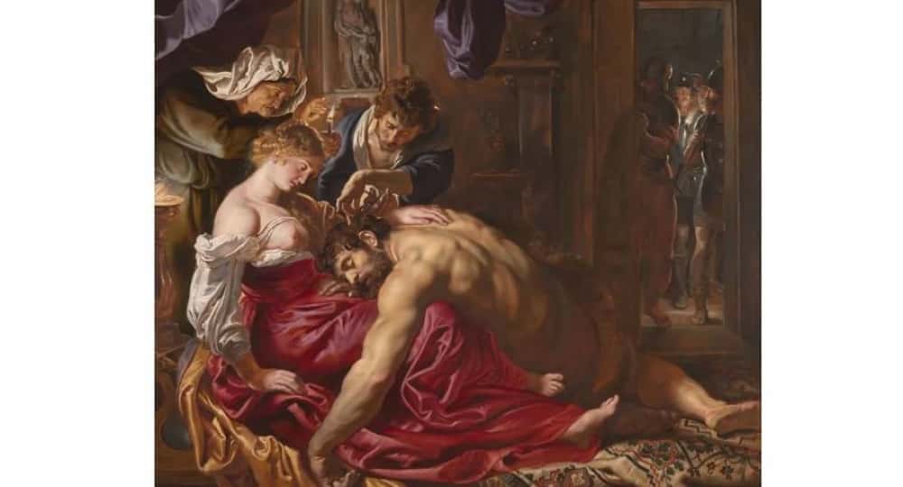 Samson et Dalila 1609-1610, National Gallery , Londres, Royaume-UniSamson et Delilah est une œuvre d'art célèbre de Rubens. C'est une peinture avec un sujet mythologique. Samson endormi sur les genoux de Delilah pendant que ses cheveux se font couper par un jeune homme, le privant ainsi de sa force.Juste devant la porte, nous pouvons voir plusieurs soldats philistins attendant d'appréhender le héros. C'est une histoire populaire de l'Ancien Testament qui a été populaire dans le monde de l'art.